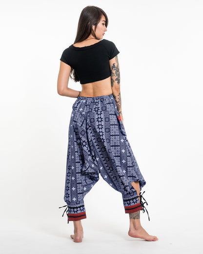 Traditional Prints Thai Hill Tribe Fabric Women's Harem Pants with Ankle Straps in Blue