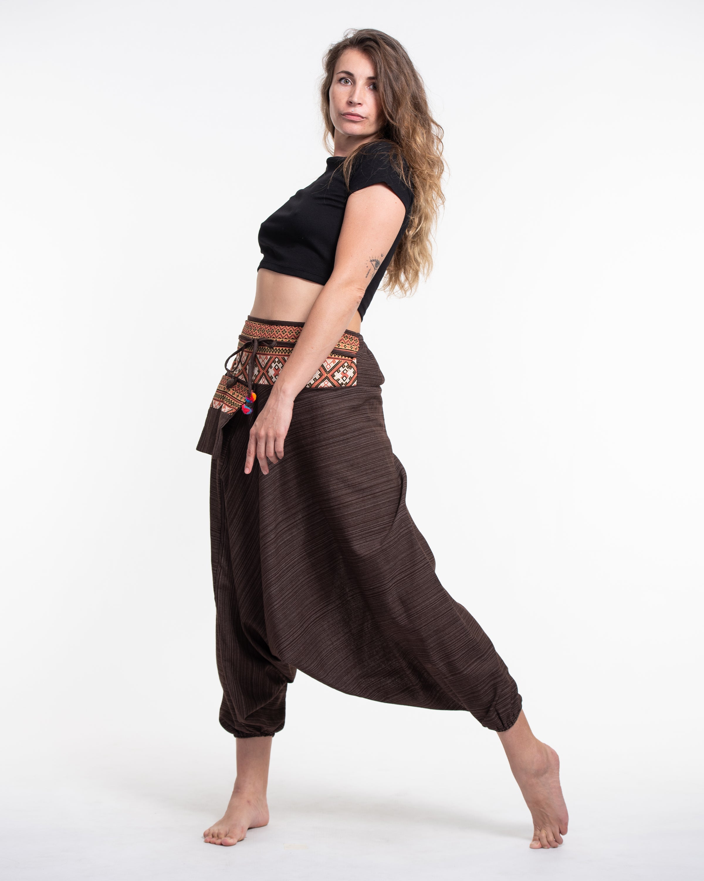 Pinstripe Cotton Low Cut Women's Harem Pants With Hill Tribe Trim Brown