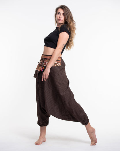 Pinstripe Cotton Low Cut Women's Harem Pants With Hill Tribe Trim Brown