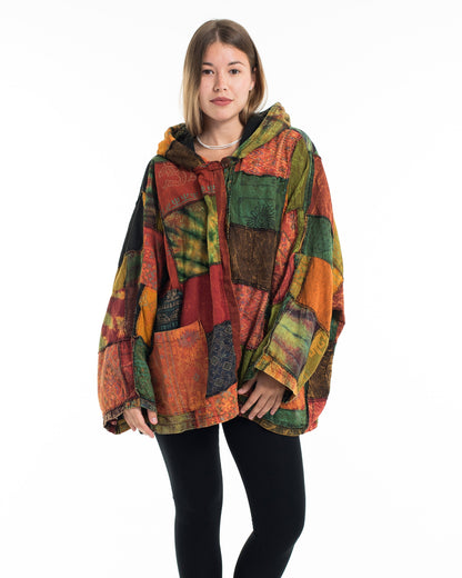 Patchwork Stonewash Hooded Jacket in Multi Orange