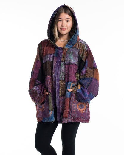 Patchwork Stonewash Hooded Jacket in Multi Purple