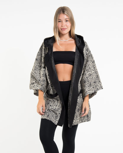 Paisley Print Cotton Hoodie Kimono Cardigan in Black