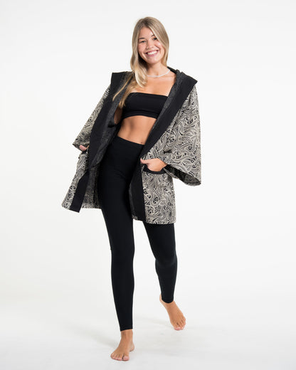 Paisley Print Cotton Hoodie Kimono Cardigan in Black
