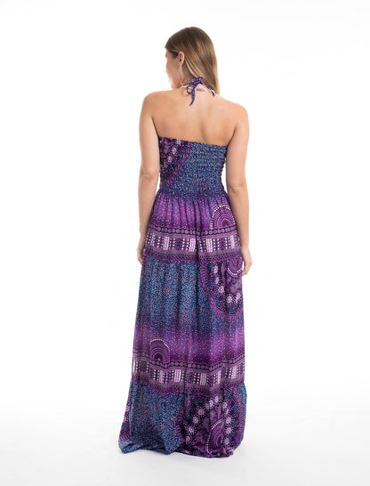 Tribal Chakras Smocked Maxi Dress in Purple