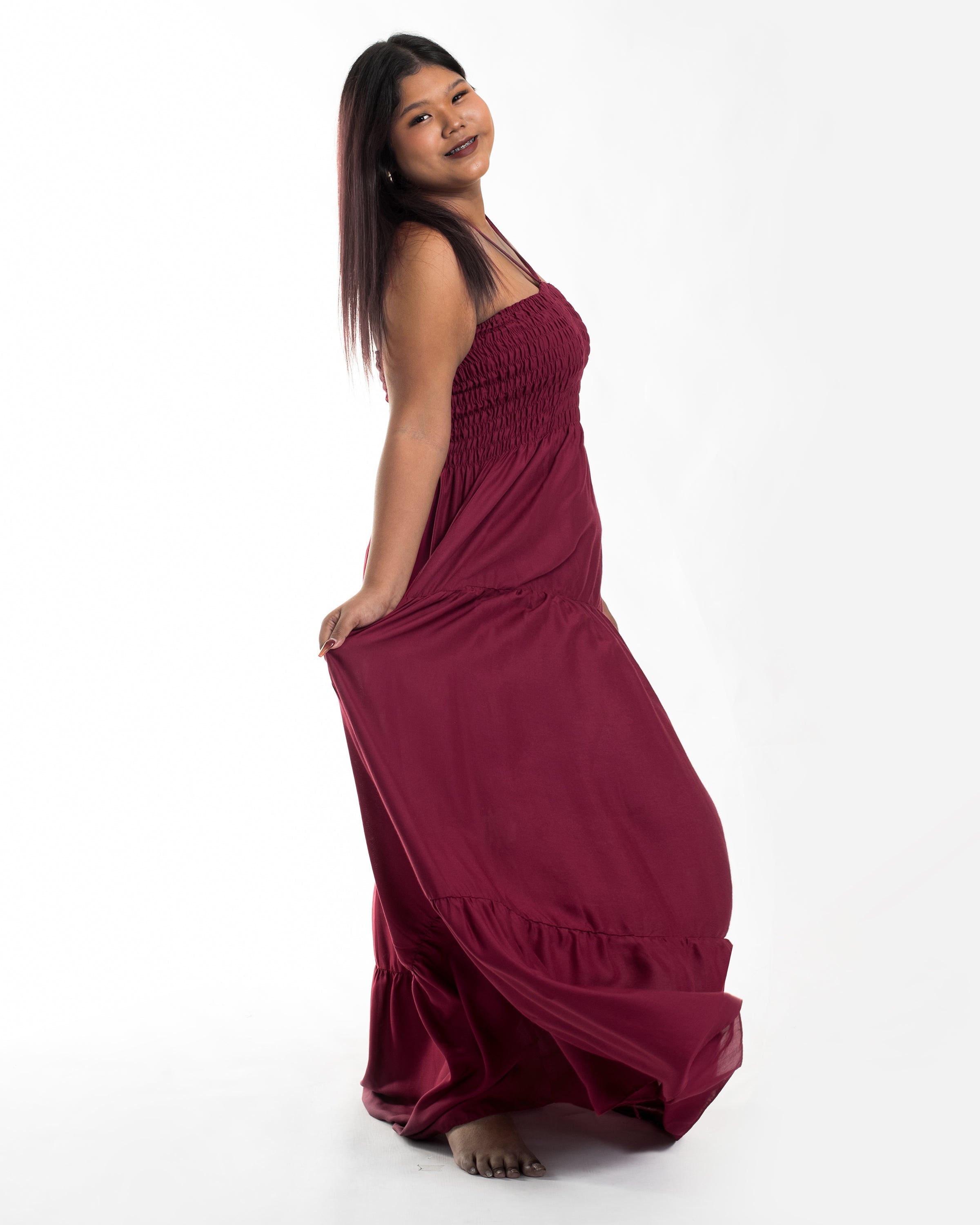 Plus Size Solid Color Smocked Maxi Dress in Red