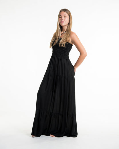Solid Color Smocked Maxi Dress in Black