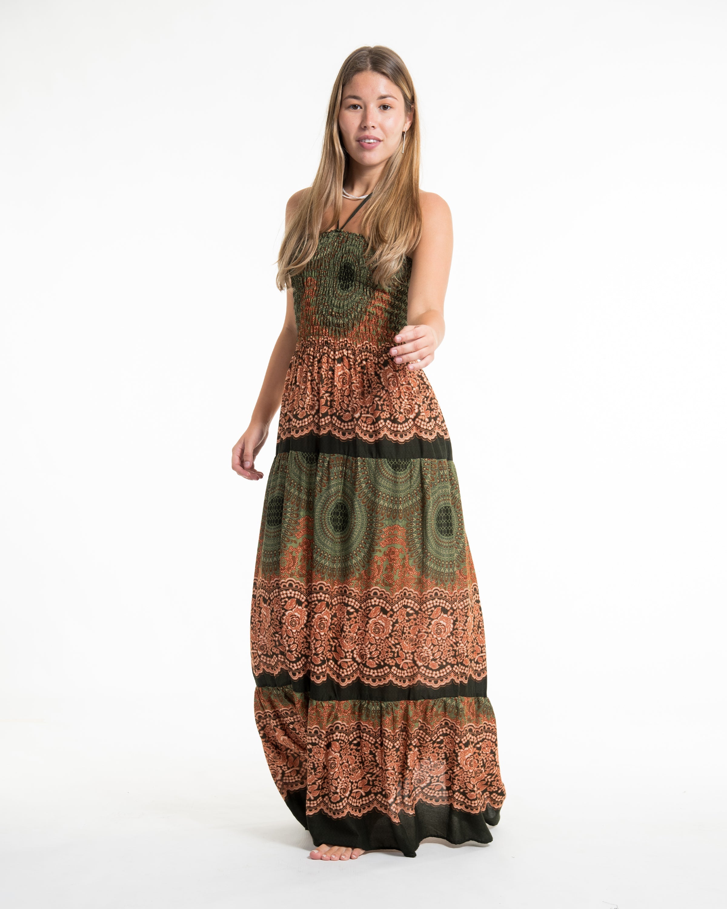 Geometric Mandalas Smocked Maxi Dress in Olive