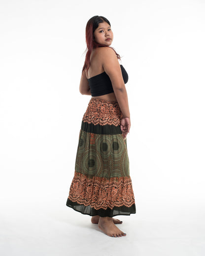 Plus Size Geometric Mandalas Midi Skirt in Olive
