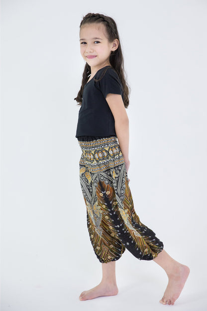 Peacock Feathers Kids Harem Pants in Black