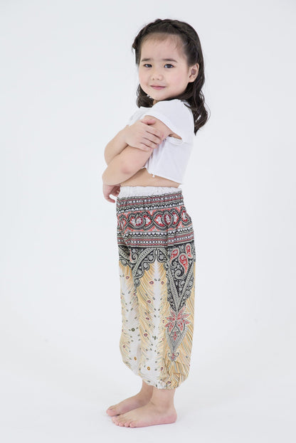 Peacock Feathers Kids Harem Pants in White