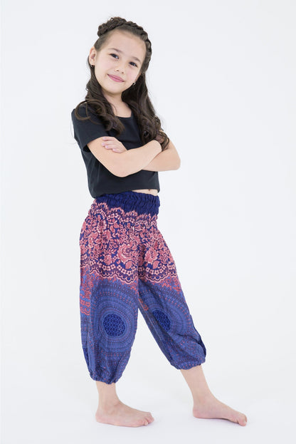 Geometric Mandalas Kids Harem Pants in Blue