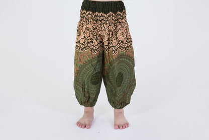 Geometric Mandalas Kids Harem Pants in Olive