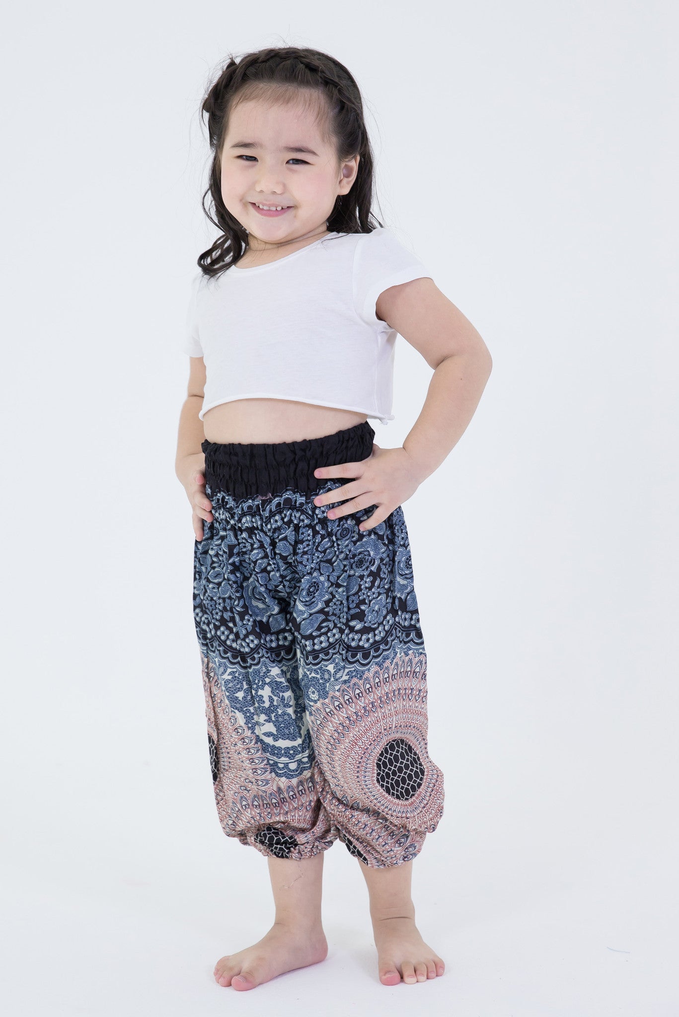 Geometric Mandalas Kids Harem Pants in Silver Gray