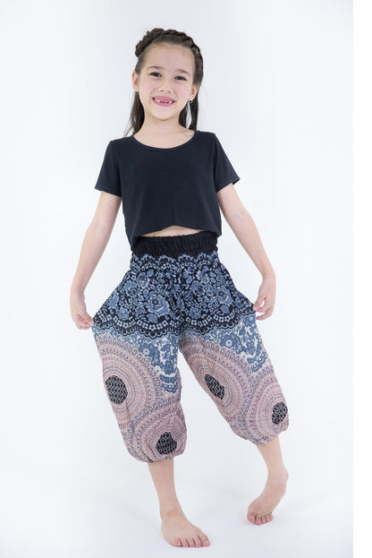 Geometric Mandalas Kids Harem Pants in Silver Gray