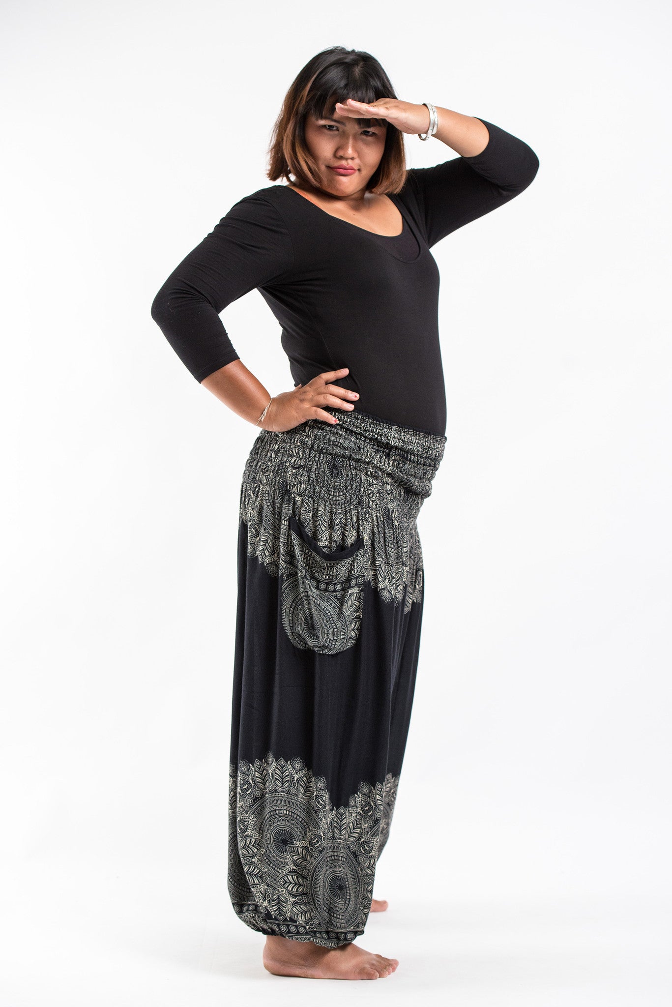 Plus Size Floral Mandalas Women's Harem Pants in Black