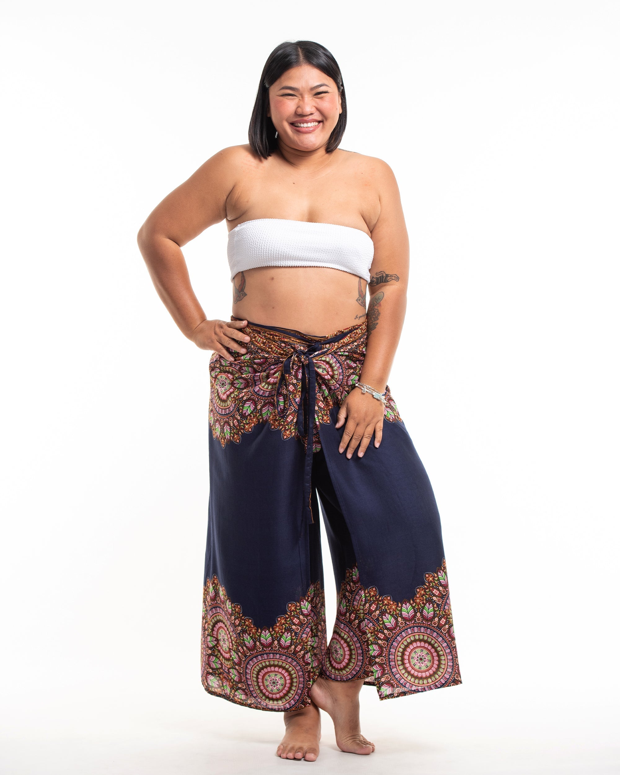 Plus Size Feather Mandalas Wrap Palazzo Style Harem Pants in Navy