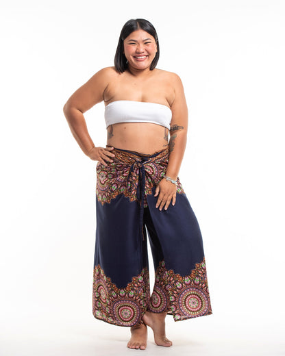 Plus Size Feather Mandalas Wrap Palazzo Style Harem Pants in Navy