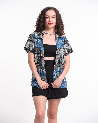 Divine Elephant Short Sleeve Button Shirt in Blue