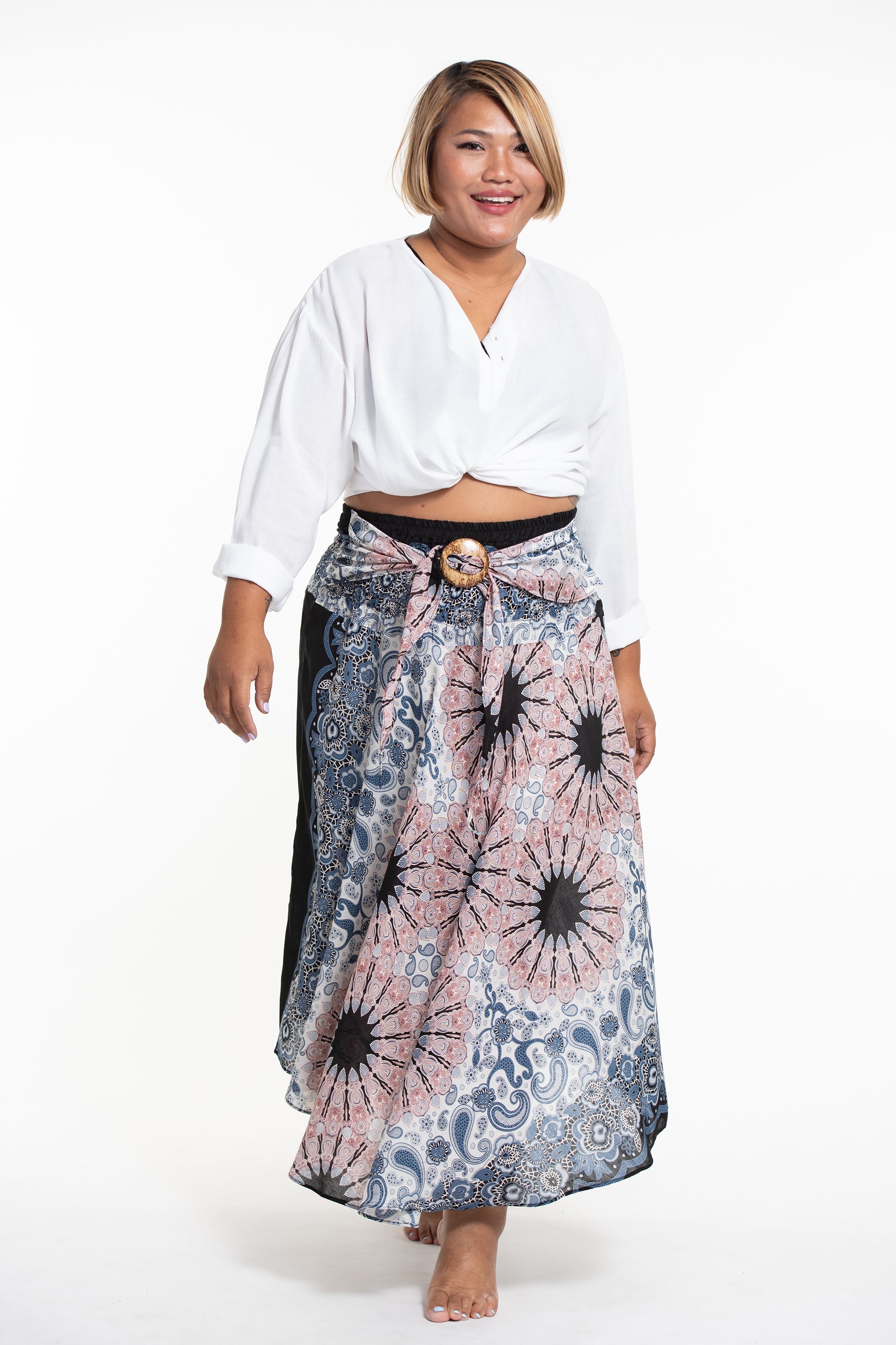 Plus Size Paisley Mandalas Handkerchief Midi Skirt in Silver Gray
