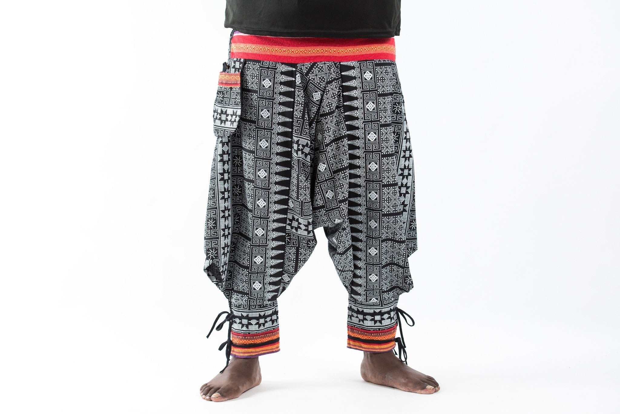 Plus Size Traditional Prints Thai Hill Tribe Fabric Men's Harem Pants with Ankle Straps