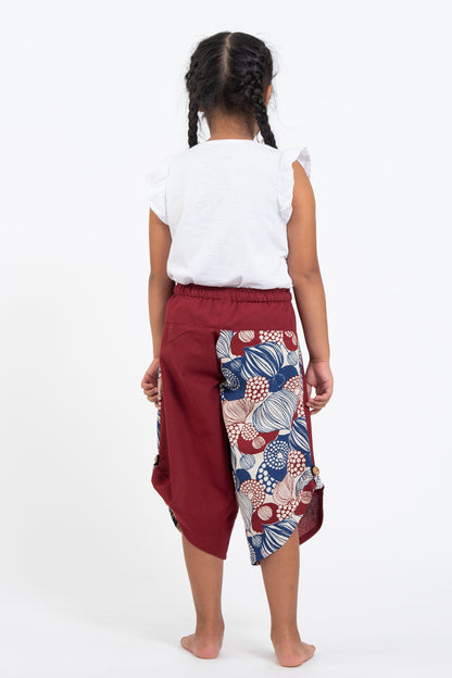 Two Tone Leaves Prints Kids Three Quarter Pants in Red