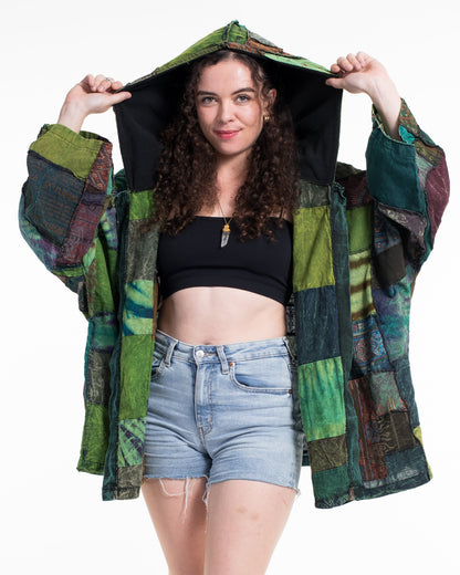Patchwork Stonewash Hooded Jacket in Multi Green