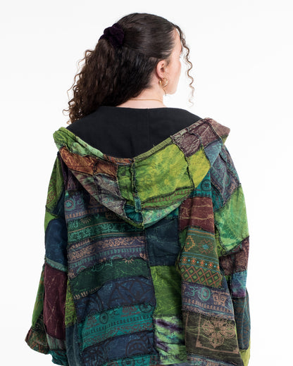Patchwork Stonewash Hooded Jacket in Multi Green