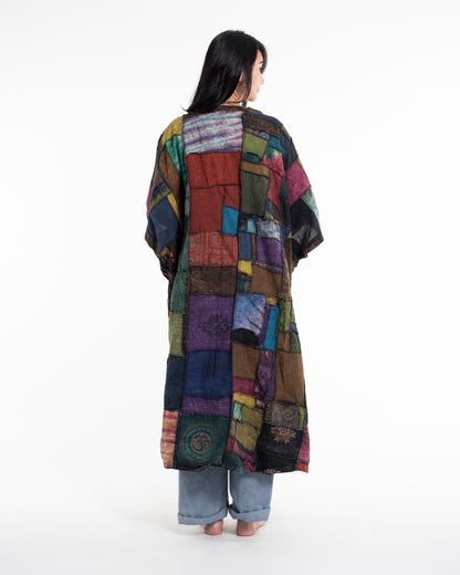 Patchwork Stonewash Long Kimono Robe in Multi Brown