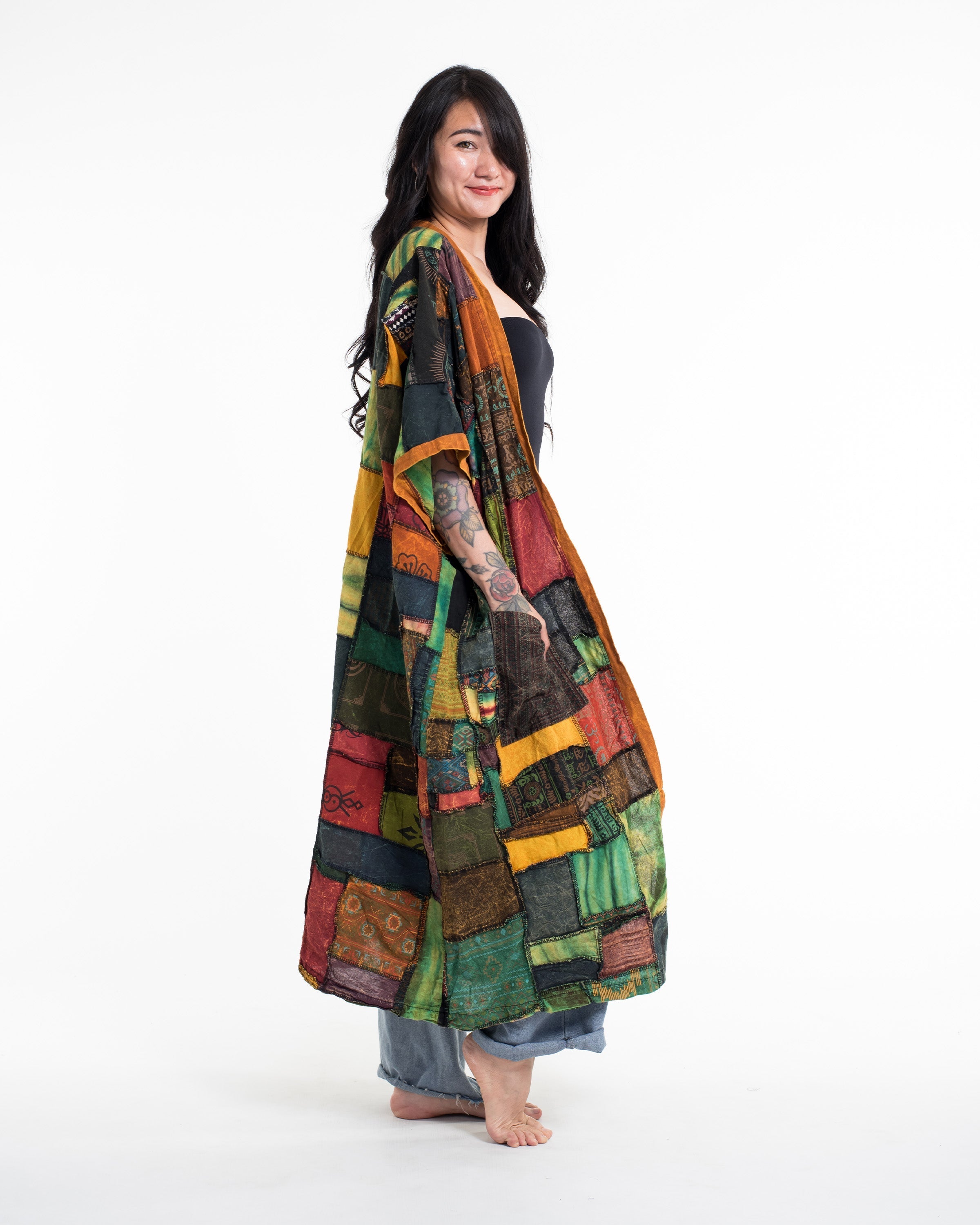 Patchwork Stonewash Long Kimono Robe in Multi Yellow
