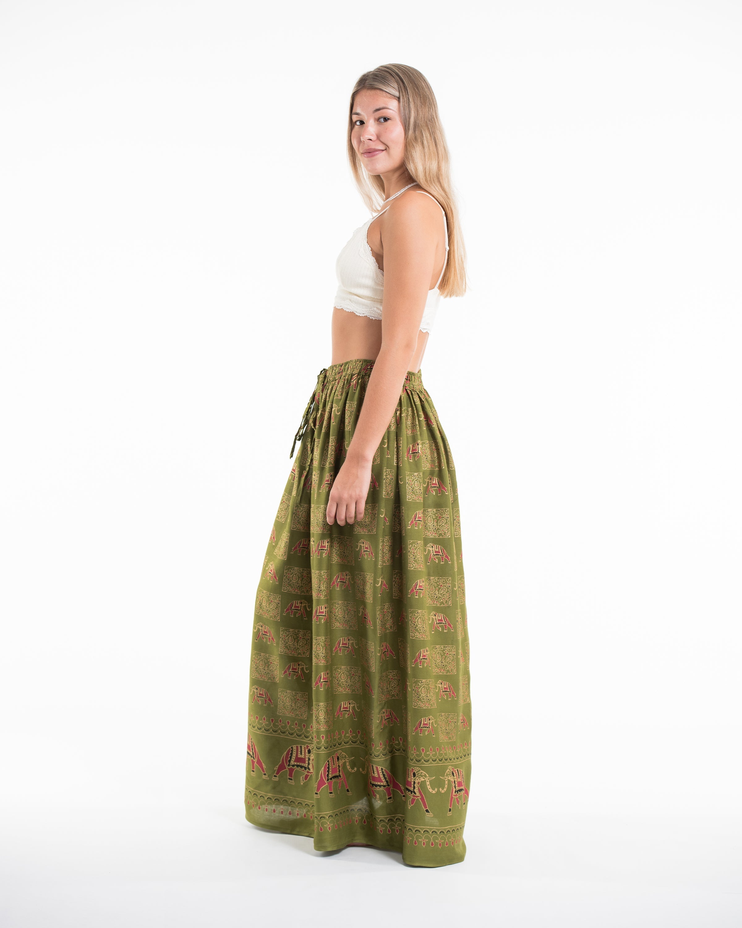 Elephant Print Midi Skirt in Olive