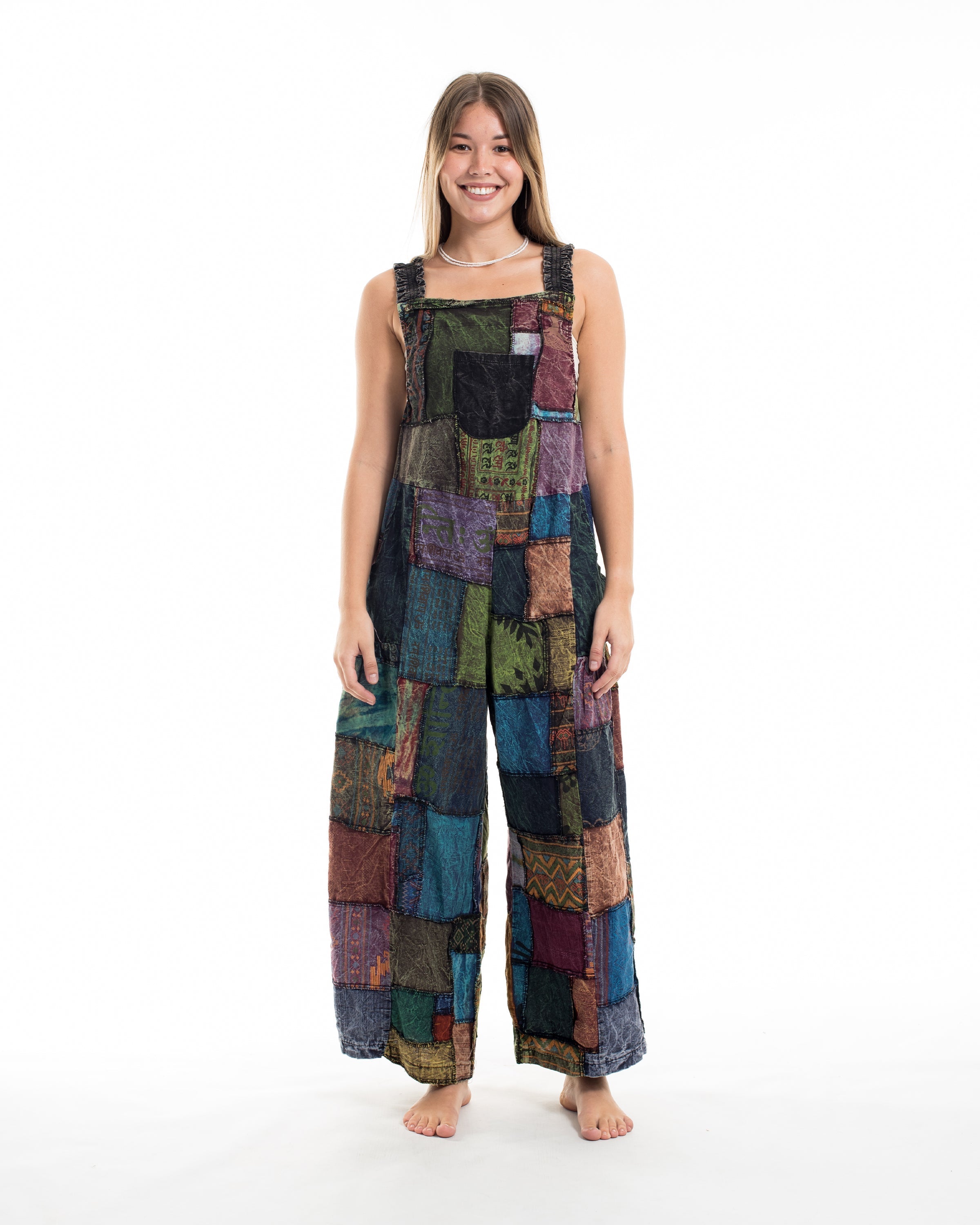 Patchwork Stonewash Overall in Multi Black