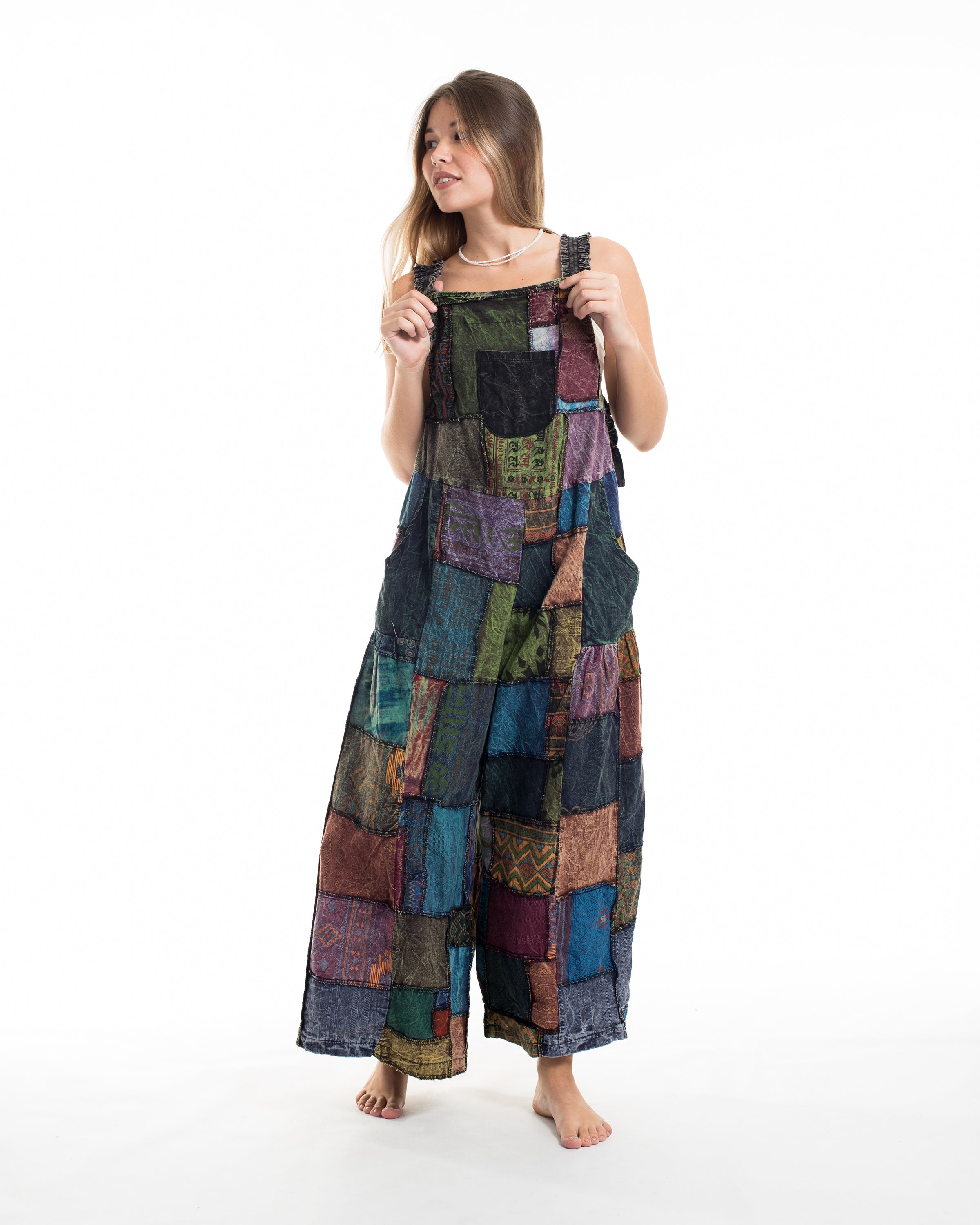 Patchwork Stonewash Overall in Multi Black