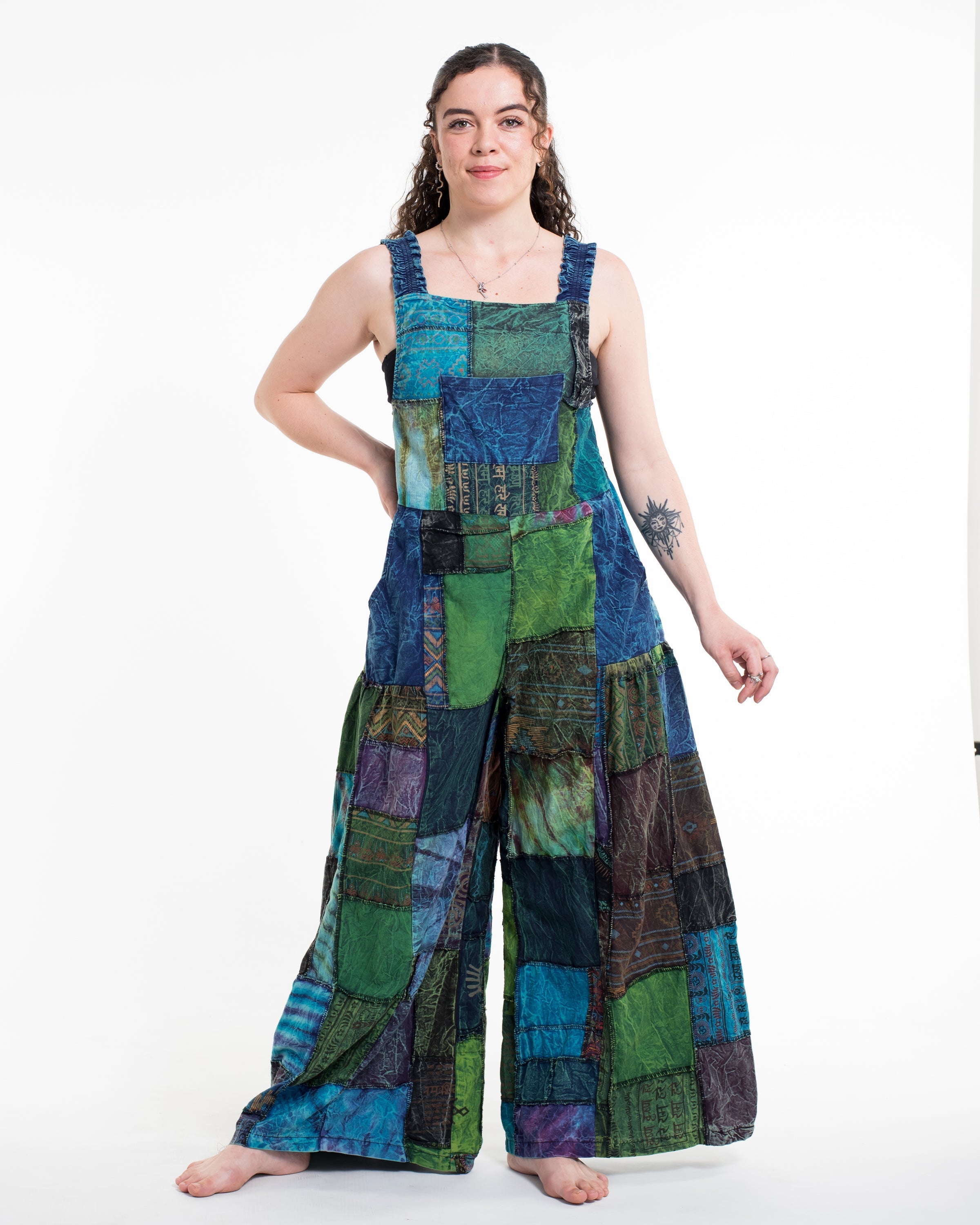 Patchwork Stonewash Overall in Multi Blue