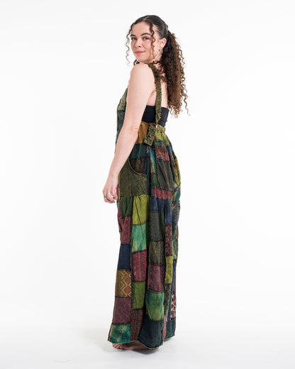 Patchwork Stonewash Overall in Multi Green