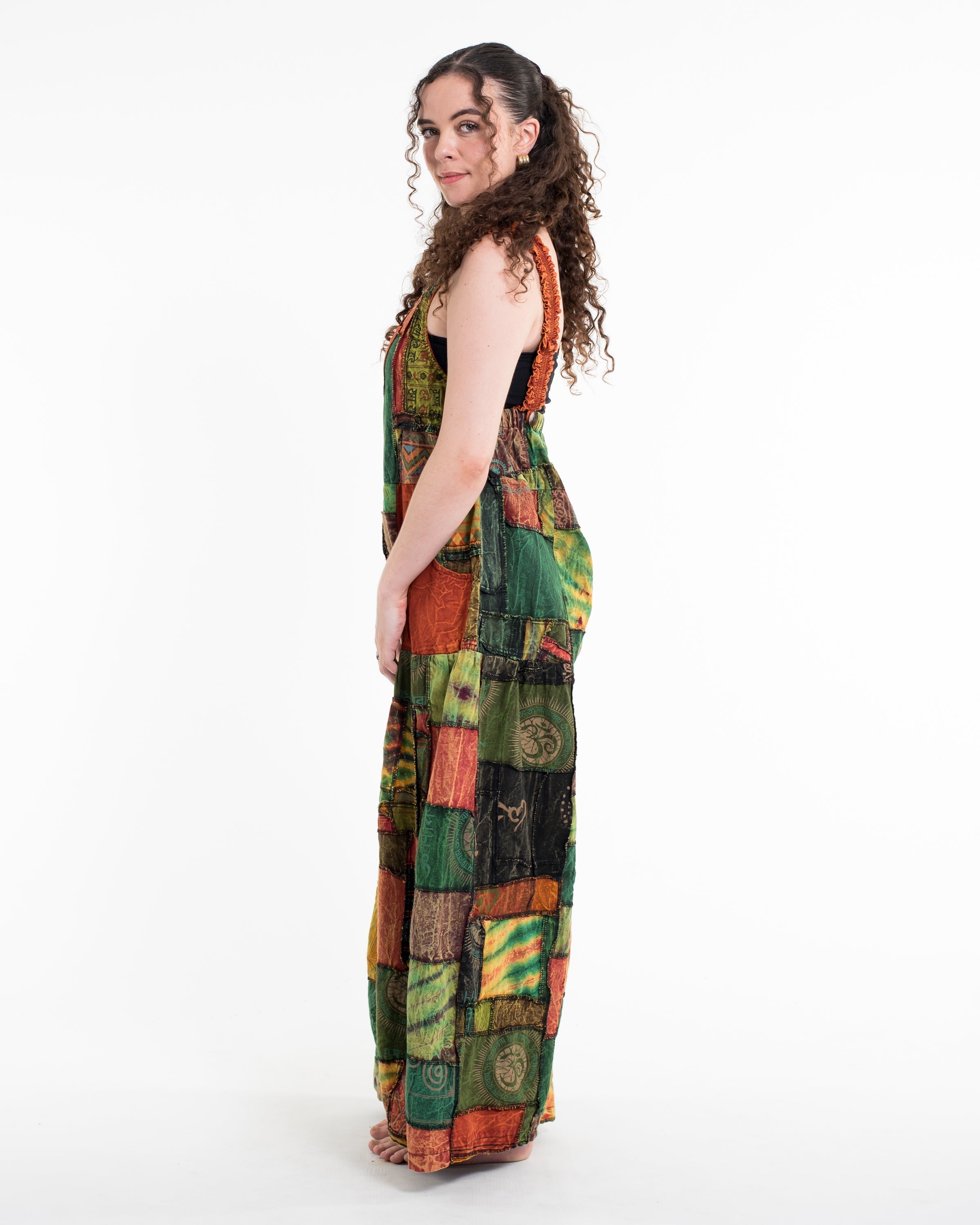 Patchwork Stonewash Overall in Multi Orange