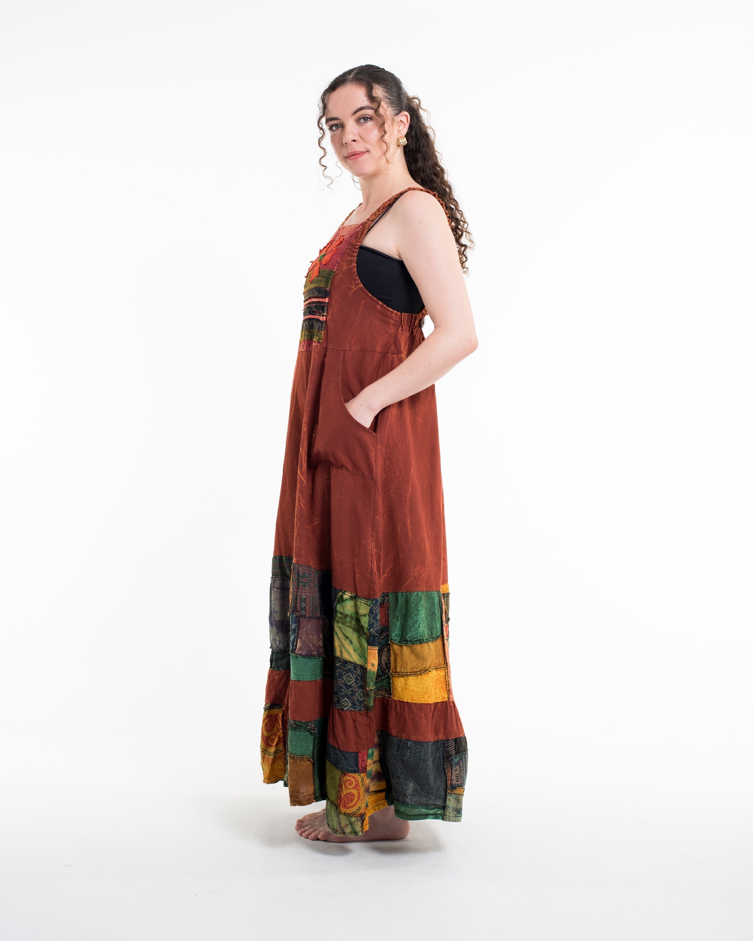 Patchwork Stonewash Overall Dress in Multi Brick