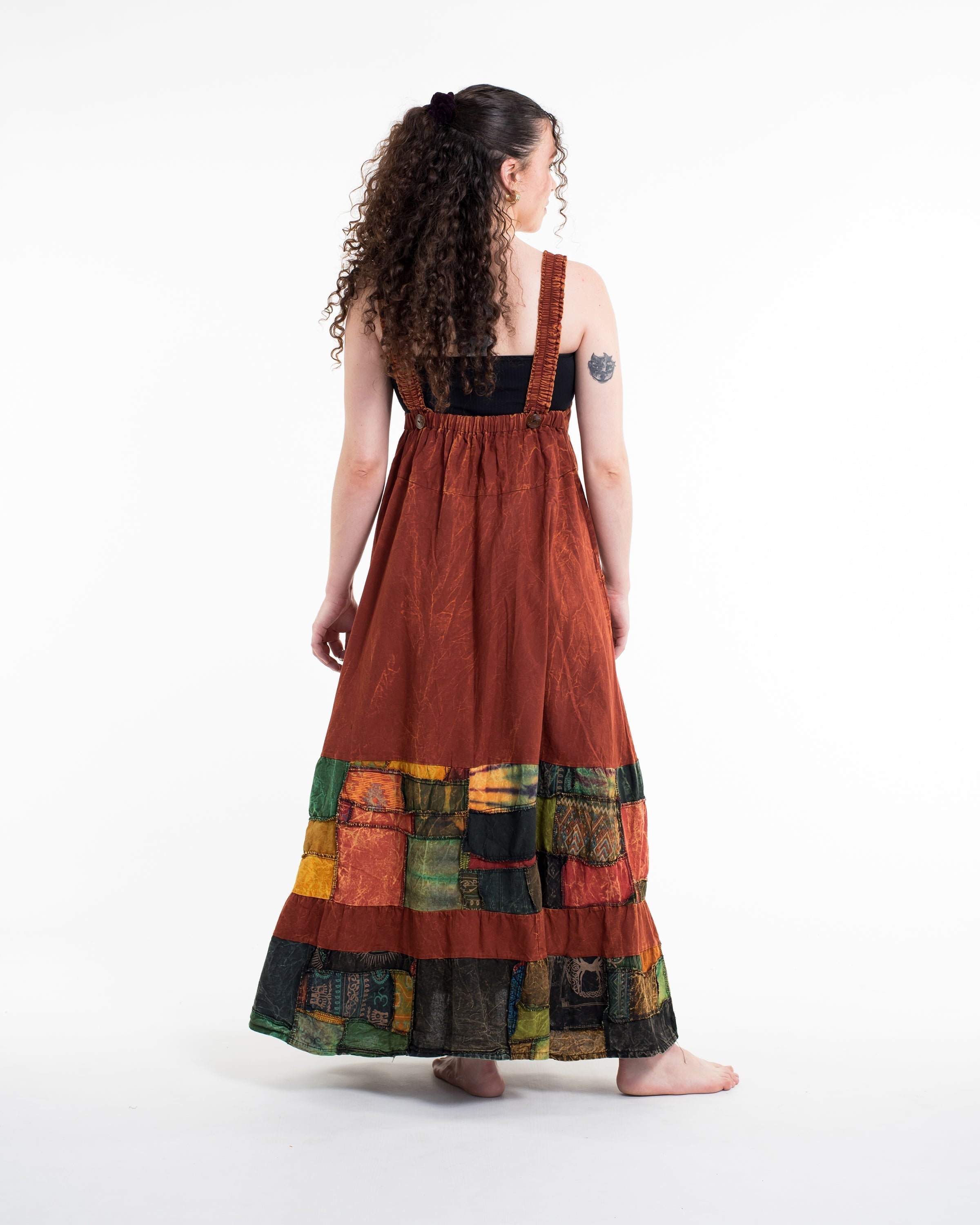 Patchwork Stonewash Overall Dress in Multi Brick