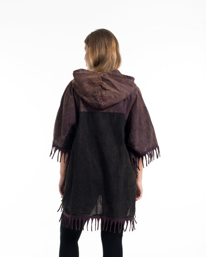 Unisex Stonewash Hooded Poncho in Black Purple