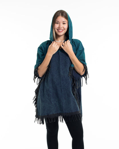 Unisex Stonewash Hooded Poncho in Blue