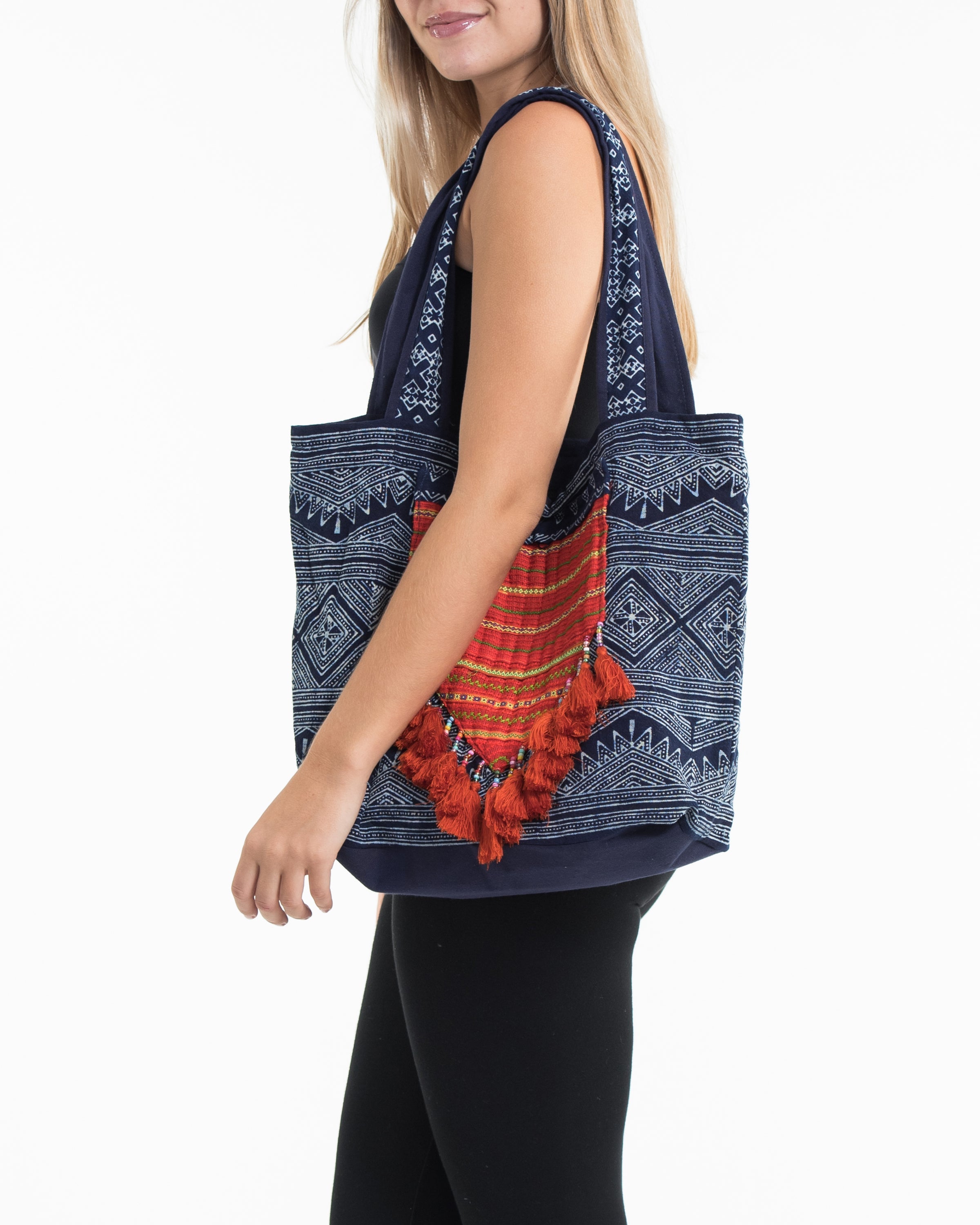 Hmong Indigo Batik and Embroidered Tote Bag with Orange Tassels