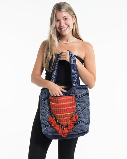 Hmong Indigo Batik and Embroidered Tote Bag with Orange Tassels