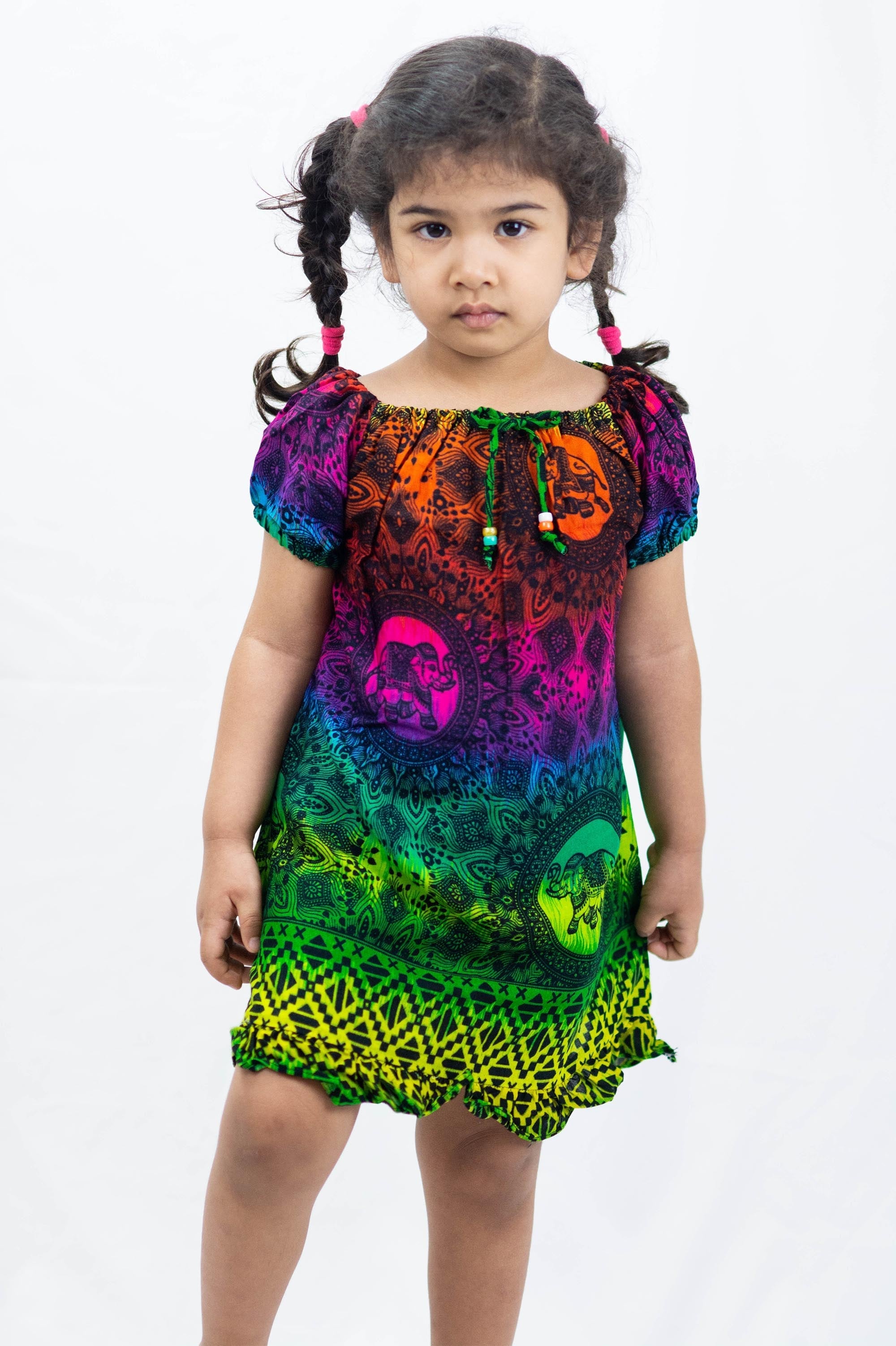Kids Rainbow Elephant Dress in Green