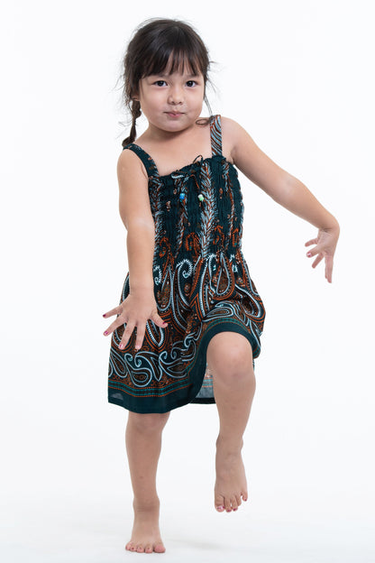 Kids Paisley Feathers Smock Dress in Green