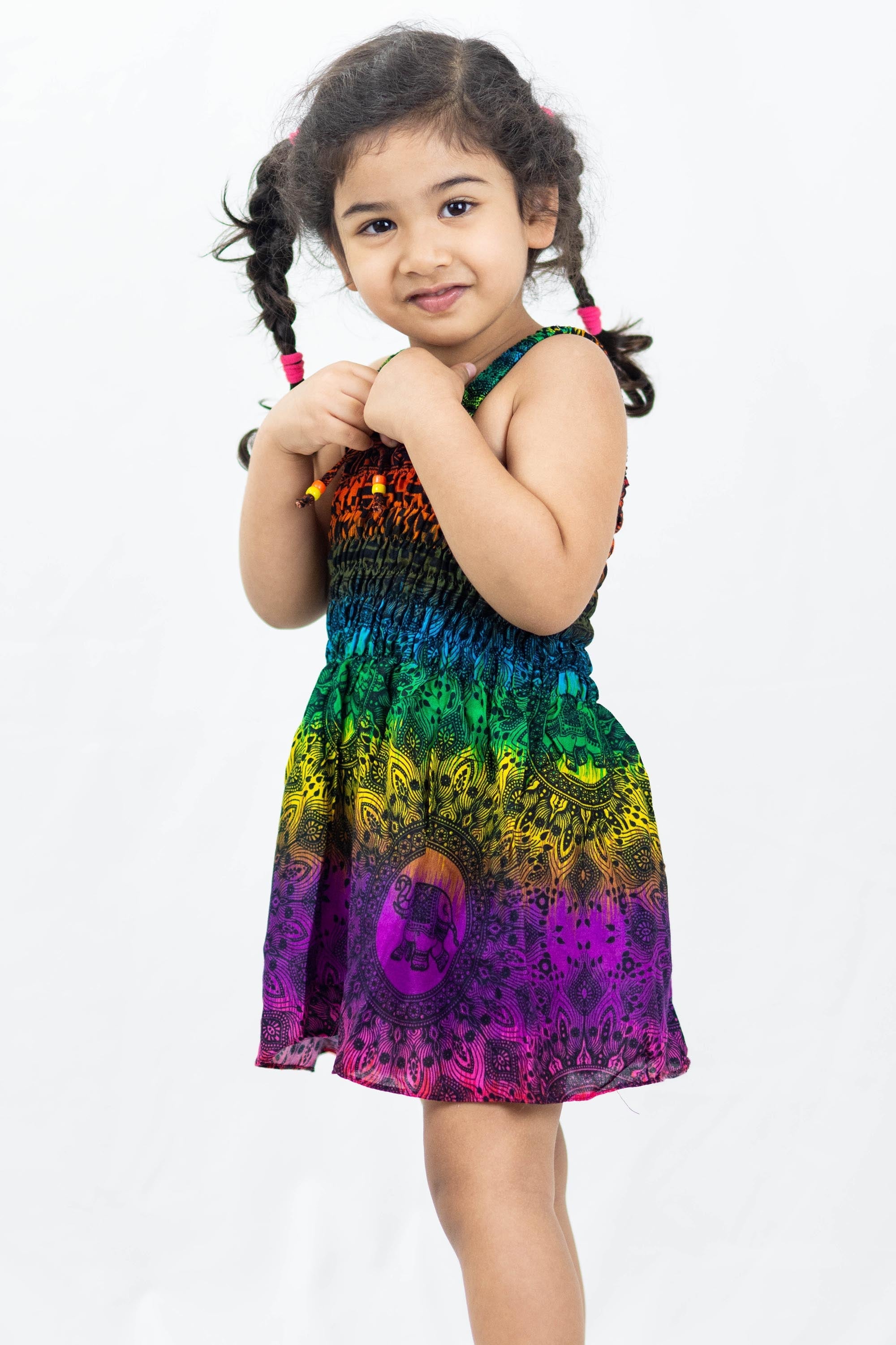 Kids Rainbow Elephant Smock Dress in Purple