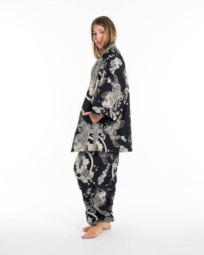 Koi Fish Print Cotton Kimono Cardigan in Black