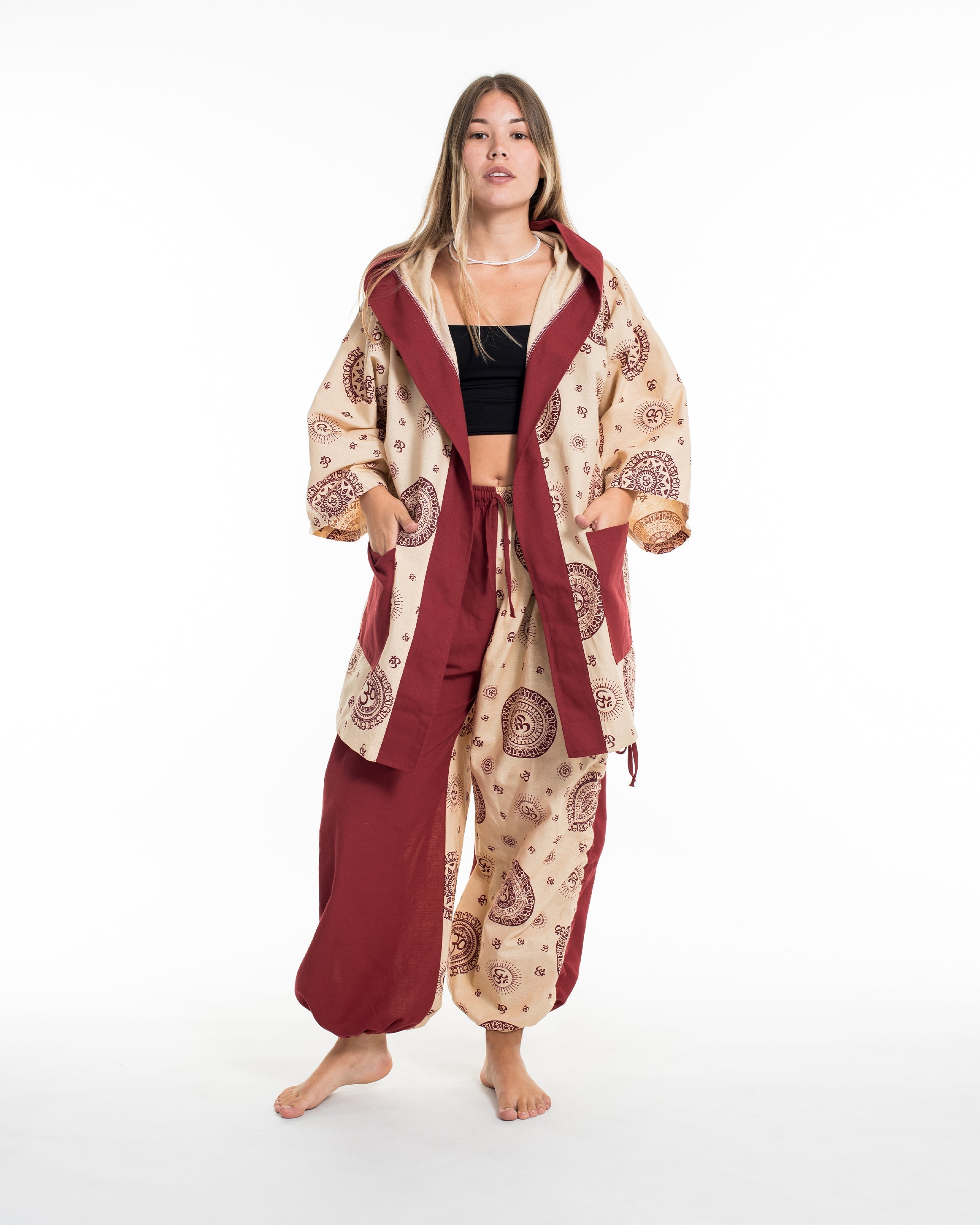 Ohm Print Cotton Hoodie Kimono Cardigan in Red