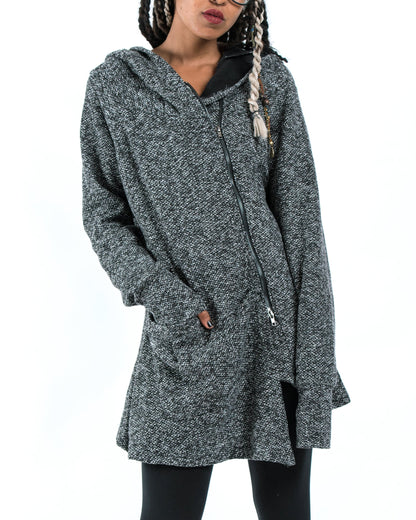 Diagonal Zip Up Long Sweater Jacket in Gray