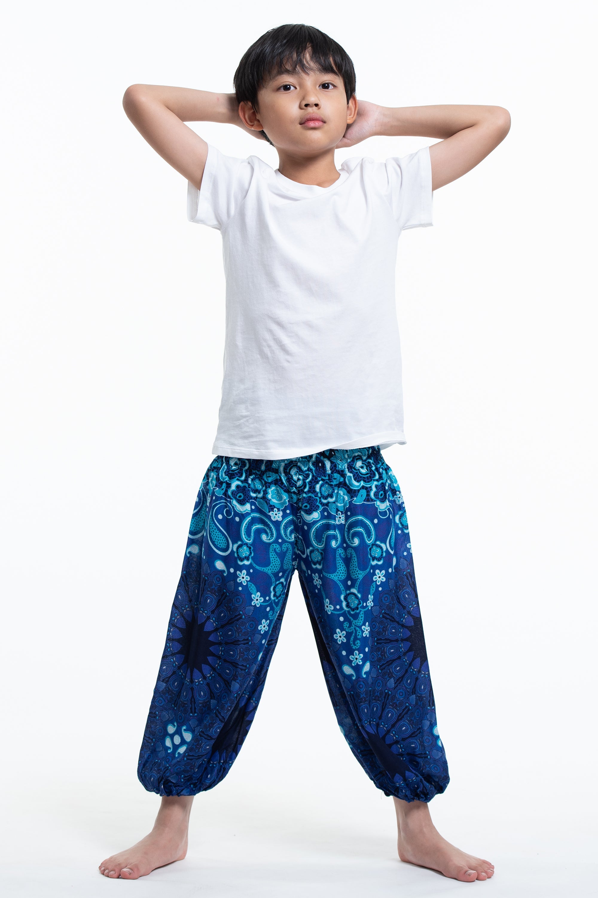 Paisley Mandalas Kids Harem Pants in Blue