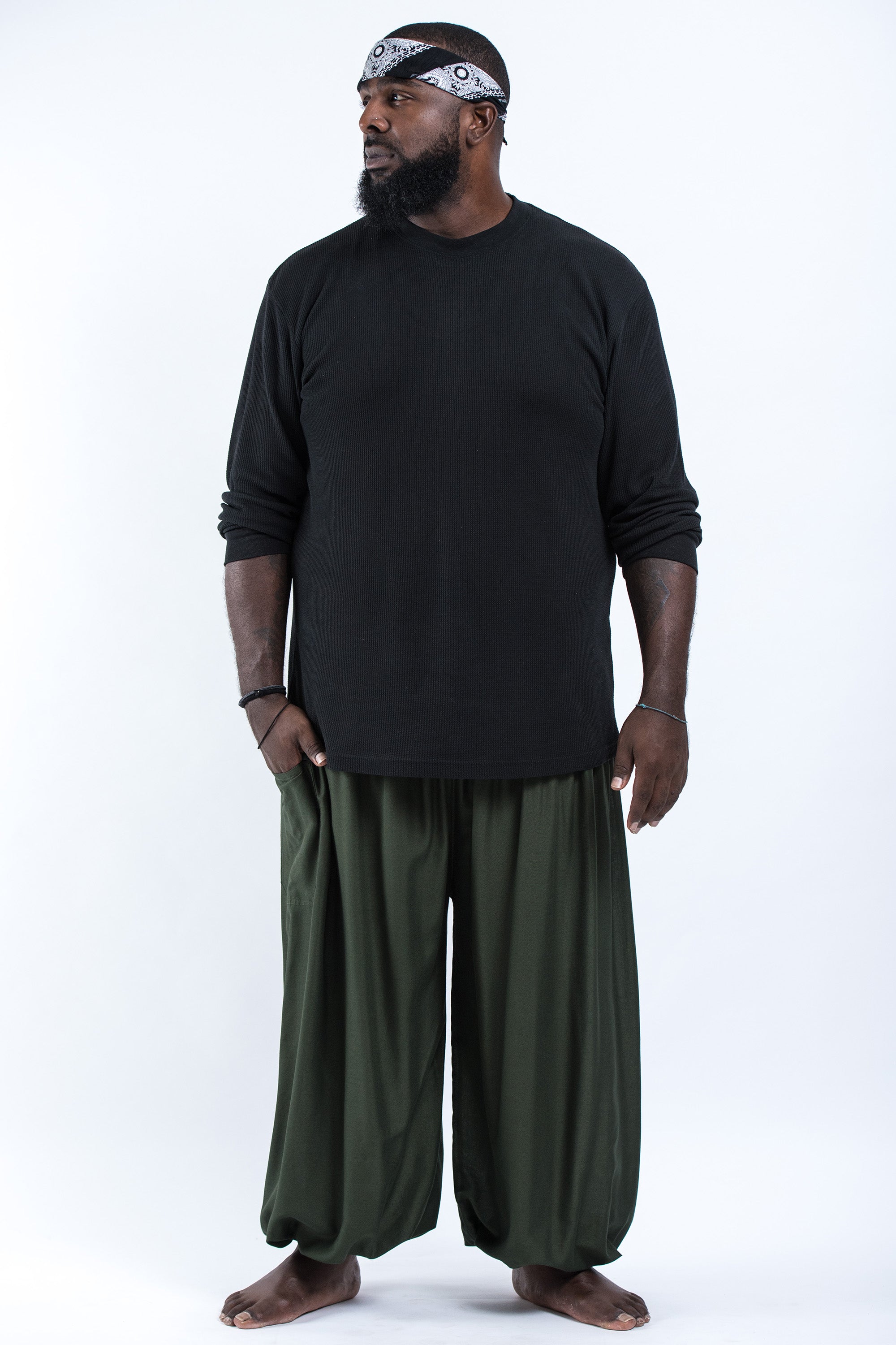 Plus Size Solid Color Men's Harem Pants in Dark Green