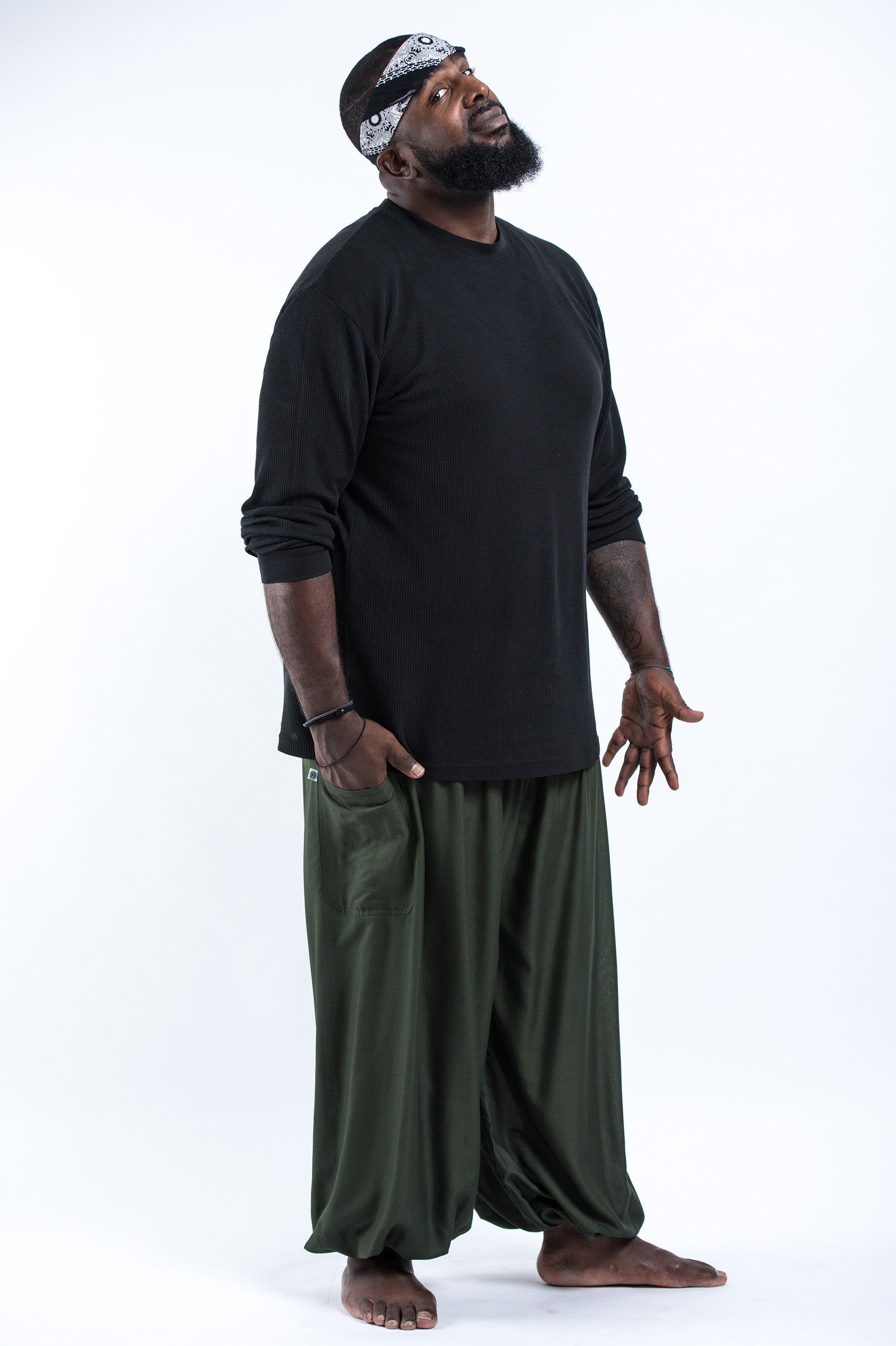 Plus Size Solid Color Men's Harem Pants in Dark Green
